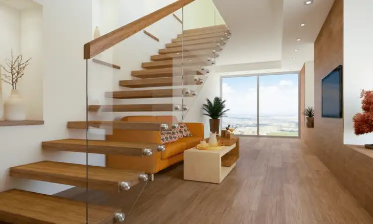 Tangga kayu dan kombinasi railing kaca, Sumber: fabglassandmirror.com