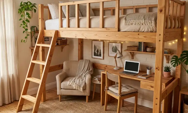 Loft bed kayu natural, Sumber: AI