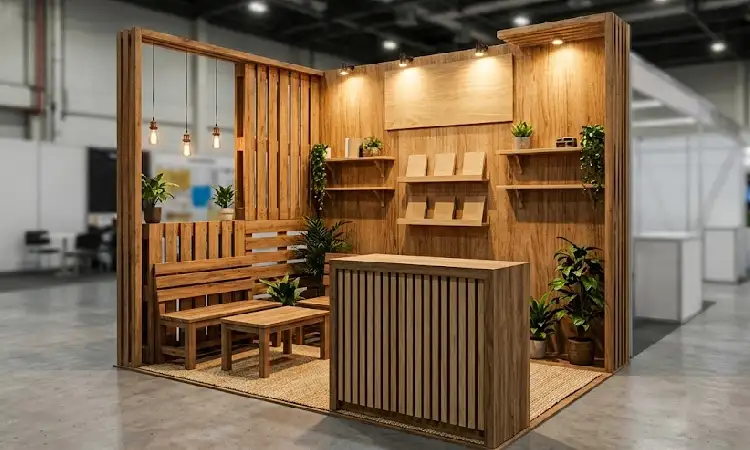 Custom booth dari kayu, Sumber: AI