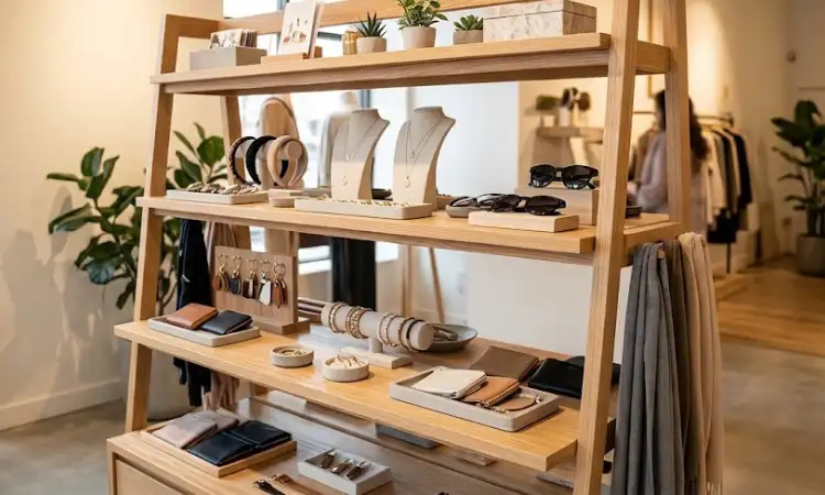 Desain Rak Display Kayu Minimalis Bertingkat, Sumber: AI
