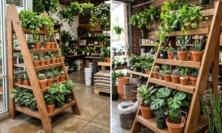 Desain rak kayu model tangga, Sumber: AI